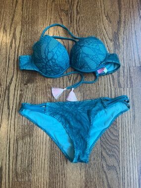 Teal Lace-Texture Push-Up Bikini Set - Women Swim Top-34C Bottom-M